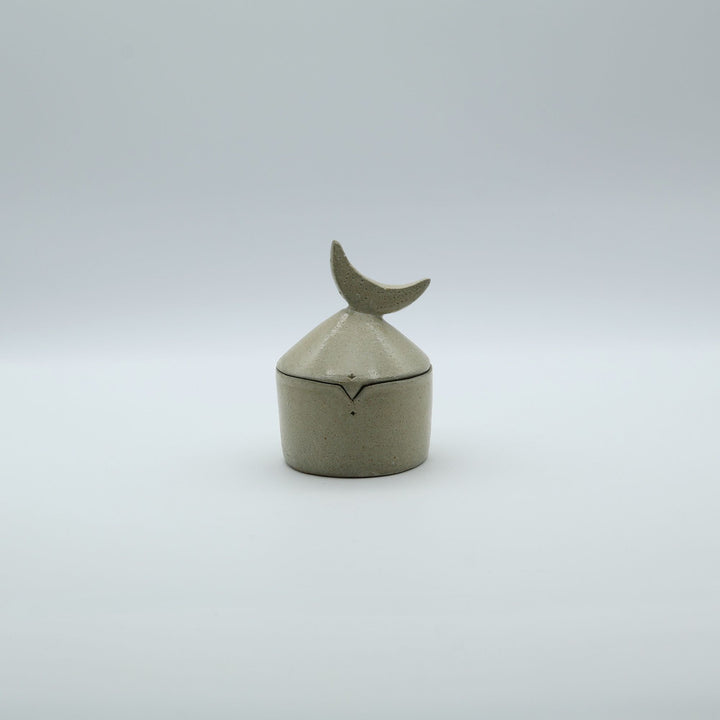 沖縄のやちむん工房「土の種」による素朴な土の質感の陶器の蓋物（キャニスター）。三日月の持ち手と蓋のズレを防ぐ突起が特徴的な、調味料やアクセサリー入れに最適な手仕事のうつわ。