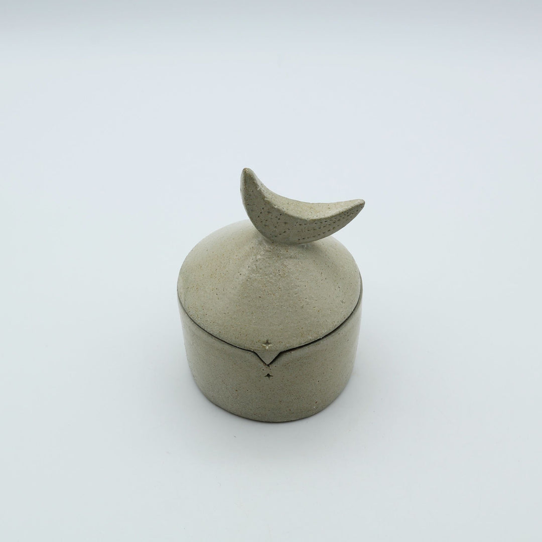 沖縄のやちむん工房「土の種」による素朴な土の質感の陶器の蓋物（キャニスター）。三日月の持ち手と蓋のズレを防ぐ突起が特徴的な、調味料やアクセサリー入れに最適な手仕事のうつわ。