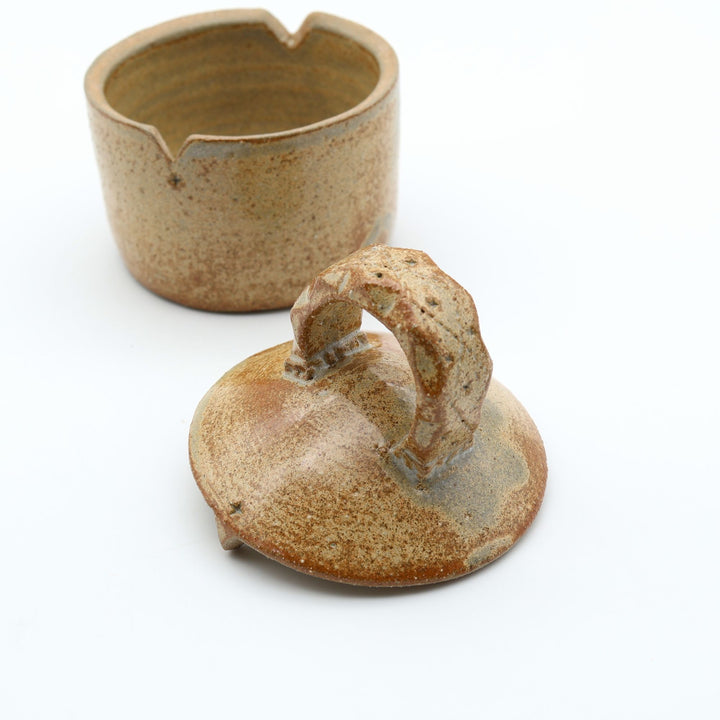 沖縄のやちむん工房「土の種」による素朴な土の質感の陶器の蓋物（キャニスター）。大きな持ち手と蓋のズレを防ぐ突起が特徴的な、調味料やアクセサリー入れに最適な手仕事のうつわ。