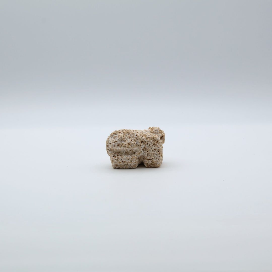 スタジオde-jinの琉球石灰岩の石獅子、ふりかえりミニの｢阿｣側。振り返った姿がユーモラスで癒されるいし石彫りシーサー。