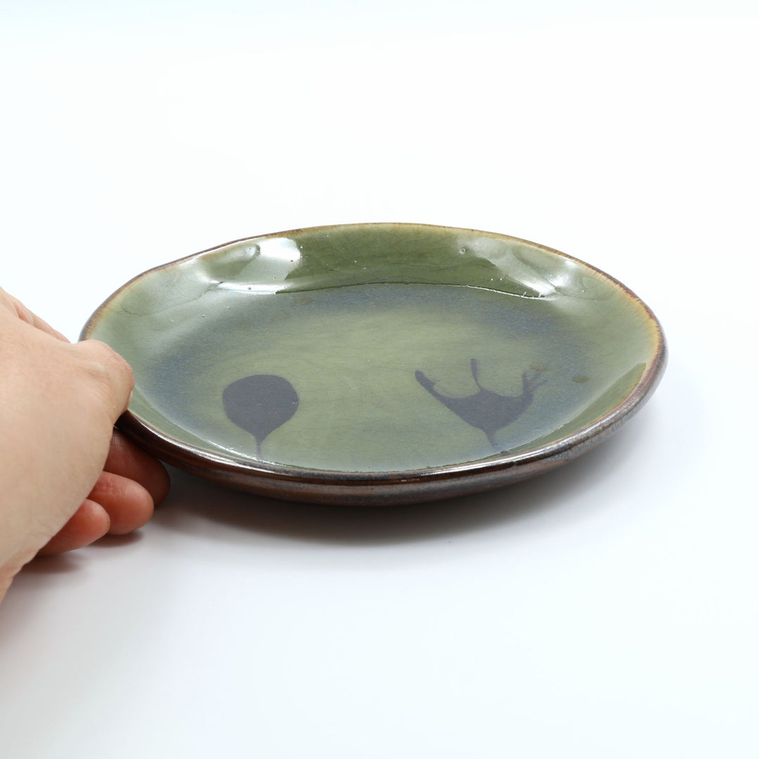 5寸平皿　緑スプーンフォーク　G