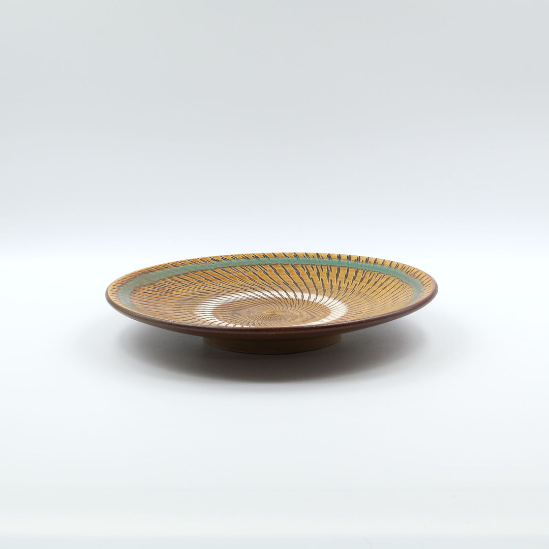 小鹿田焼 坂本浩二窯  7寸皿 青巻飛び鉋 飴