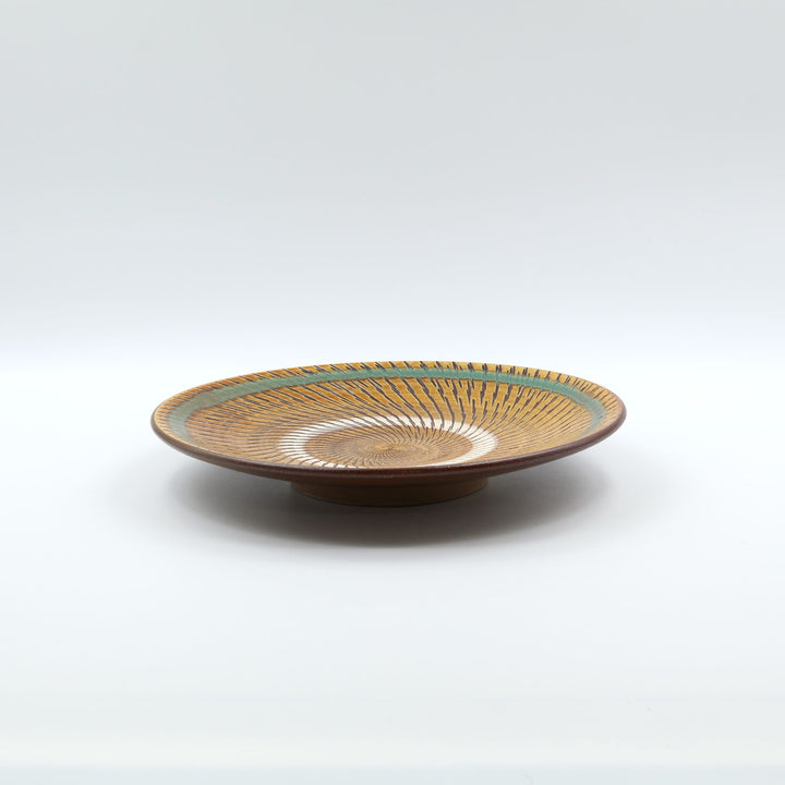 小鹿田焼 坂本浩二窯  7寸皿 青巻飛び鉋 飴