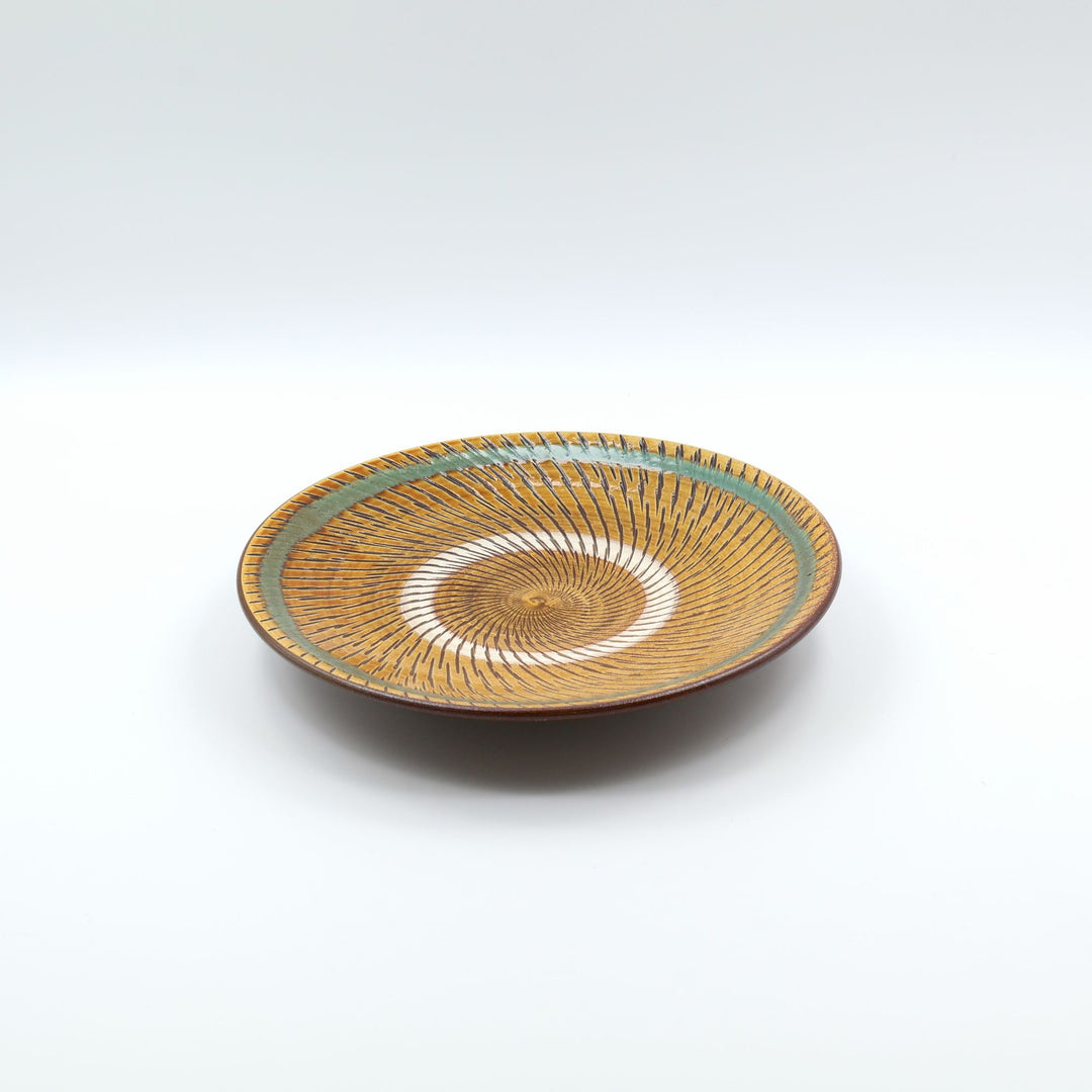 小鹿田焼 坂本浩二窯  7寸皿 青巻飛び鉋 飴