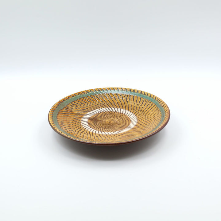 小鹿田焼 坂本浩二窯  7寸皿 青巻飛び鉋 飴