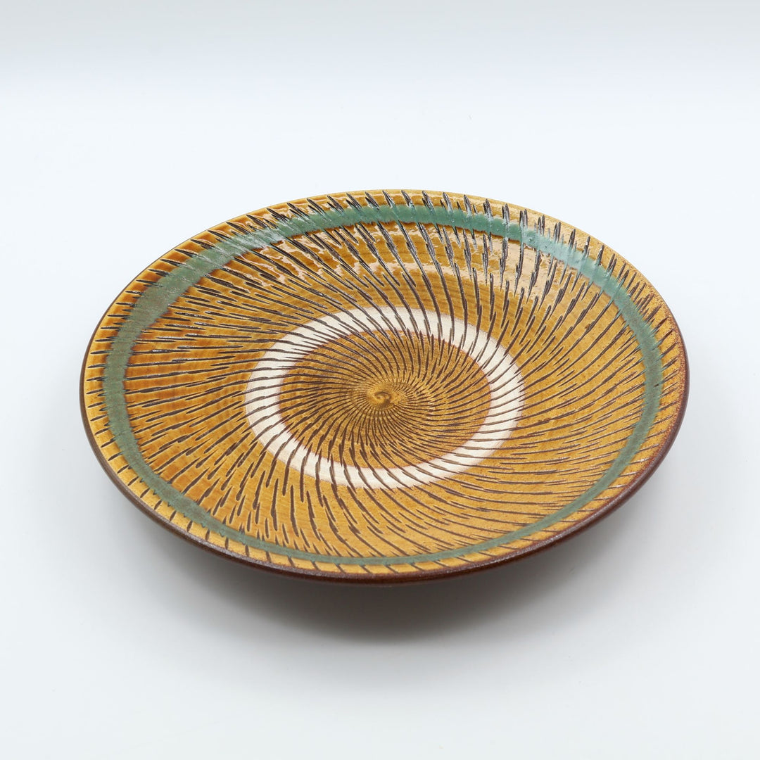 小鹿田焼 坂本浩二窯  7寸皿 青巻飛び鉋 飴