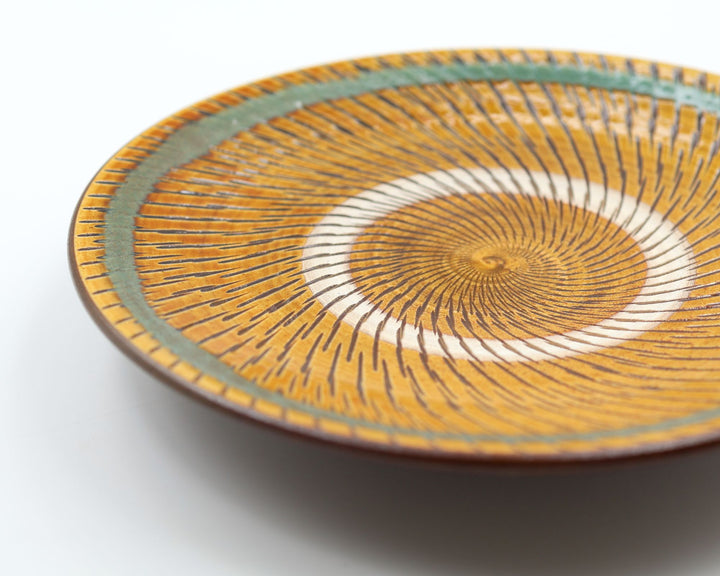 小鹿田焼 坂本浩二窯  7寸皿 青巻飛び鉋 飴