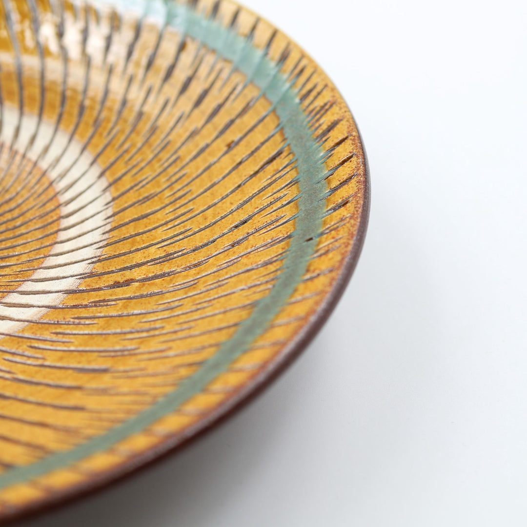 小鹿田焼 坂本浩二窯  7寸皿 青巻飛び鉋 飴