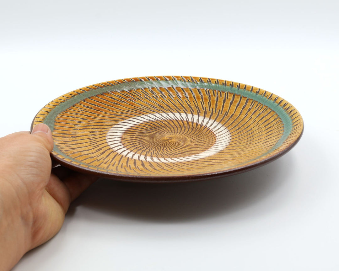 小鹿田焼 坂本浩二窯  7寸皿 青巻飛び鉋 飴