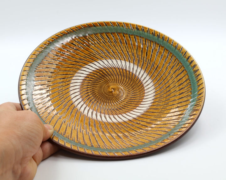 小鹿田焼 坂本浩二窯  7寸皿 青巻飛び鉋 飴