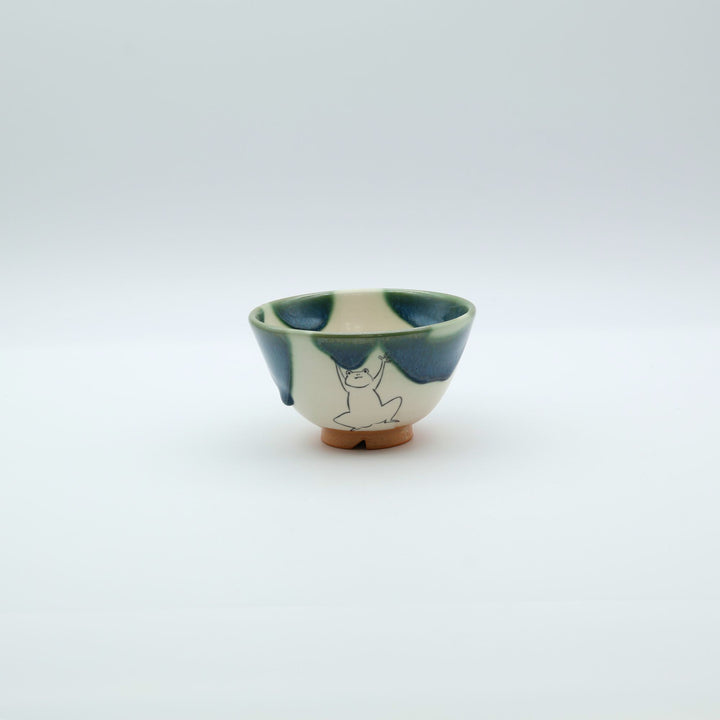 織部釉とカエルのイラストが印象的な、深めの萩焼お茶碗・小鉢（楓窯・小野沙織作）